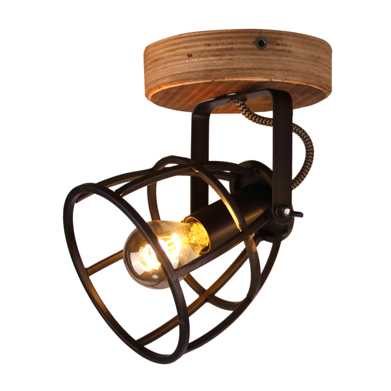 Deze houten en zwarte plafondspot biedt een stoere industriële uitstraling. Perfect voor het verlichten van jouw ruimte.