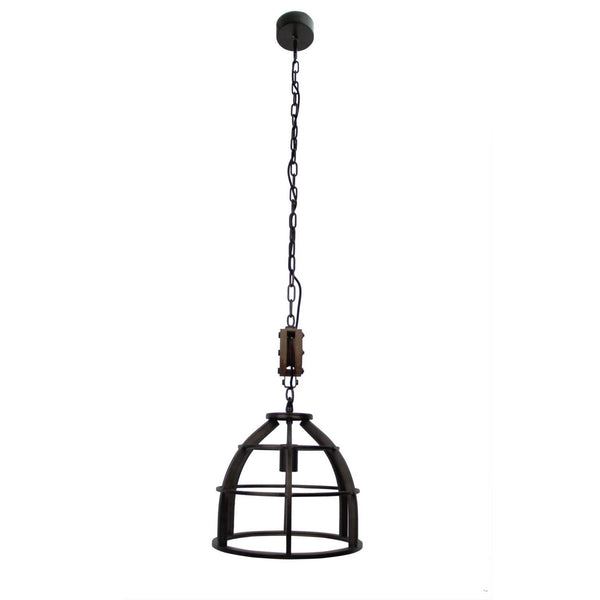 Hanglamp Chericoni Aperto, zwart staal en vintage hout, Ø34 cm, 1 lichtpunt, E27 fitting. Stijlvol en sfeervol design.