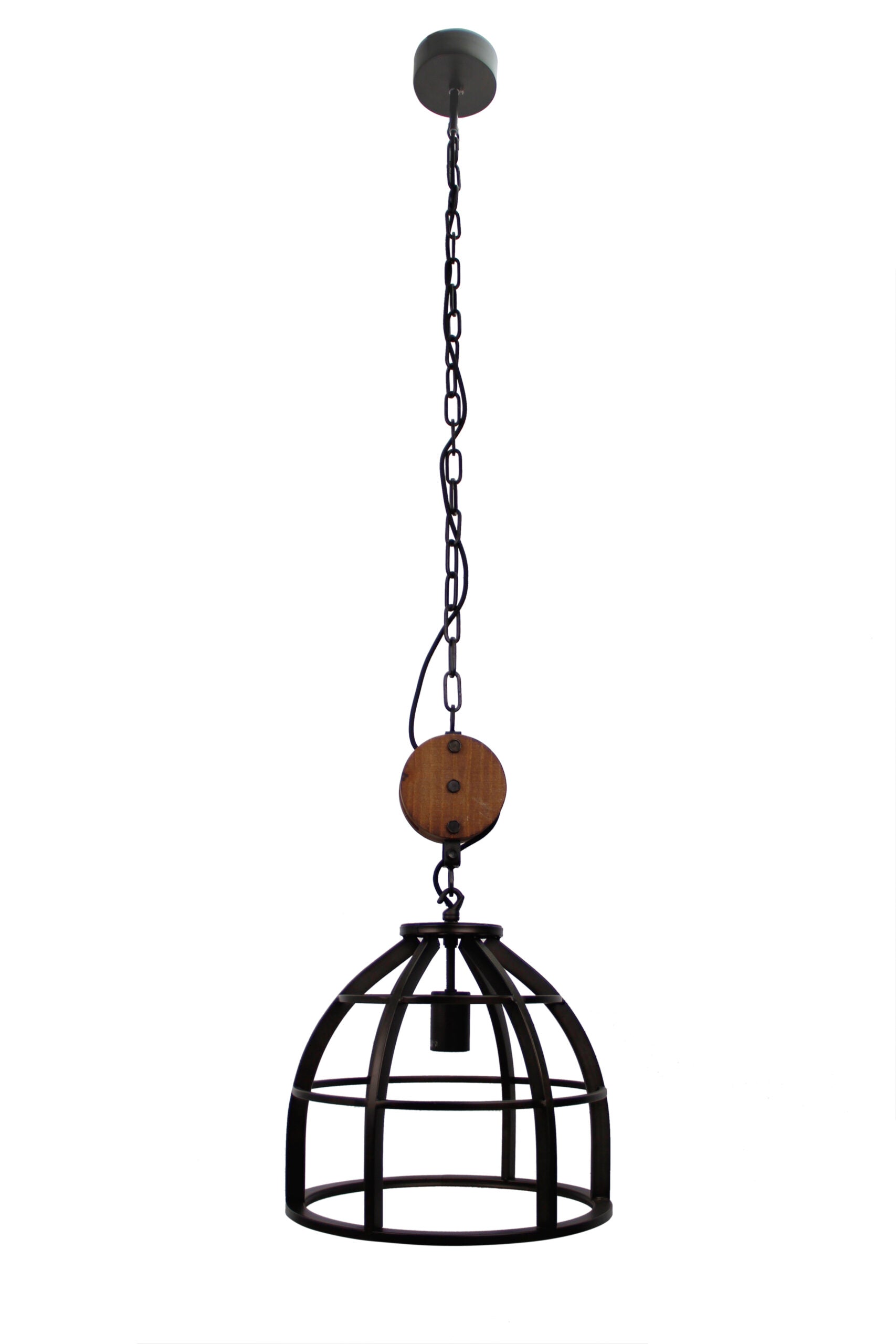 Hanglamp Chericoni Aperto, zwart staal en vintage hout, Ø34 cm, 1 lichtpunt, E27 fitting. Stijlvol en sfeervol design.