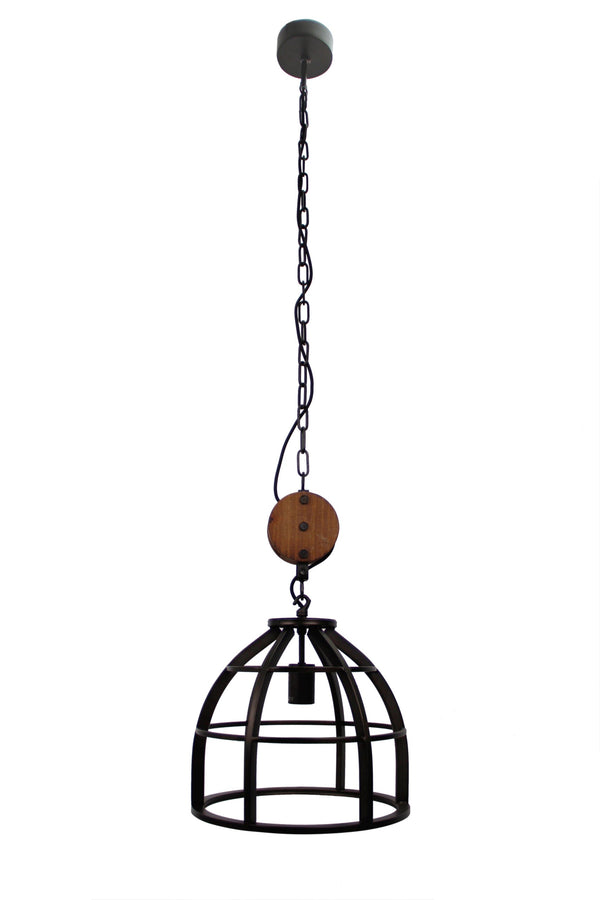 Hanglamp Chericoni Aperto, zwart staal en vintage hout, Ø34 cm, 1 lichtpunt, E27 fitting. Stijlvol en sfeervol design.