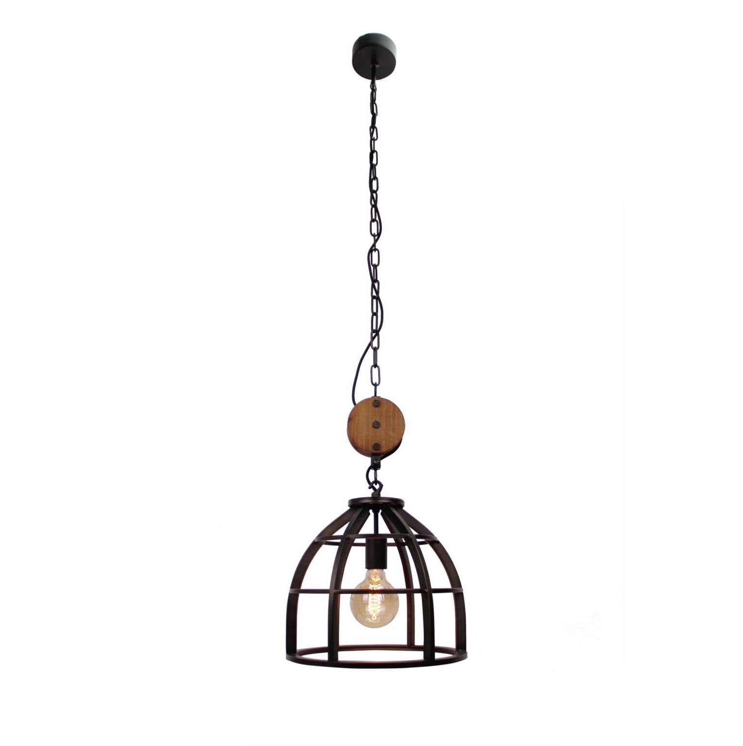 Hanglamp Chericoni Aperto, zwart staal en vintage hout, Ø34 cm, 1 lichtpunt, E27 fitting. Stijlvol en sfeervol design.