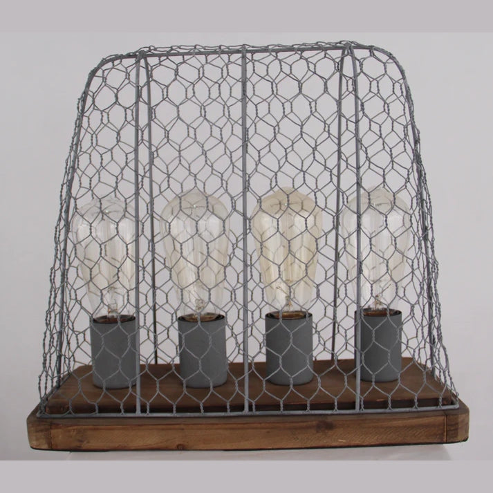 Chericoni Quattro tafellamp, 4-lichts, E27 fitting, industrieel design van beton en vintage hout.