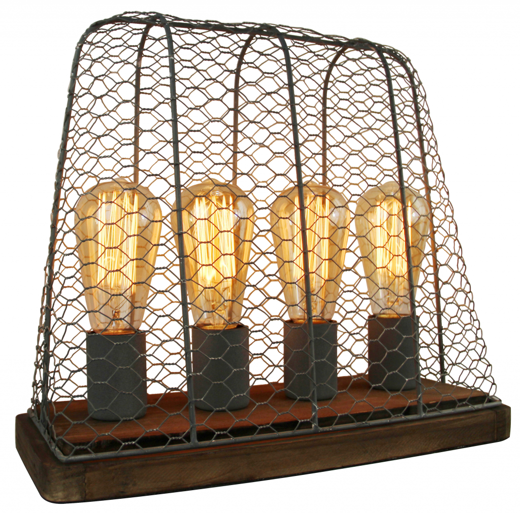 Chericoni Quattro tafellamp, 4-lichts, E27 fitting, industrieel design van beton en vintage hout.