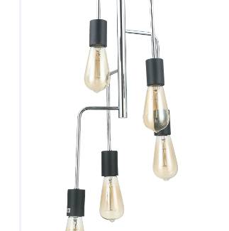 De Chericoni Retro Hanglamp met vijf lichtpunten, hangend aan een plafond. De lamp heeft een combinatie van chromen en zwarte elementen en een retro design.