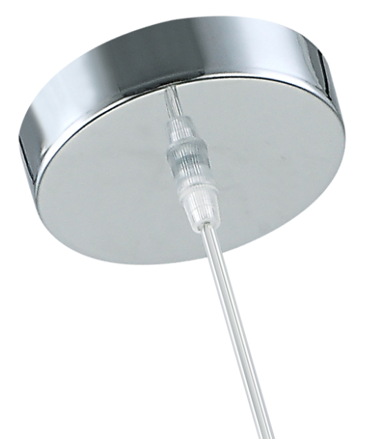 De Chericoni Retro Hanglamp met vijf lichtpunten, hangend aan een plafond. De lamp heeft een combinatie van chromen en zwarte elementen en een retro design.