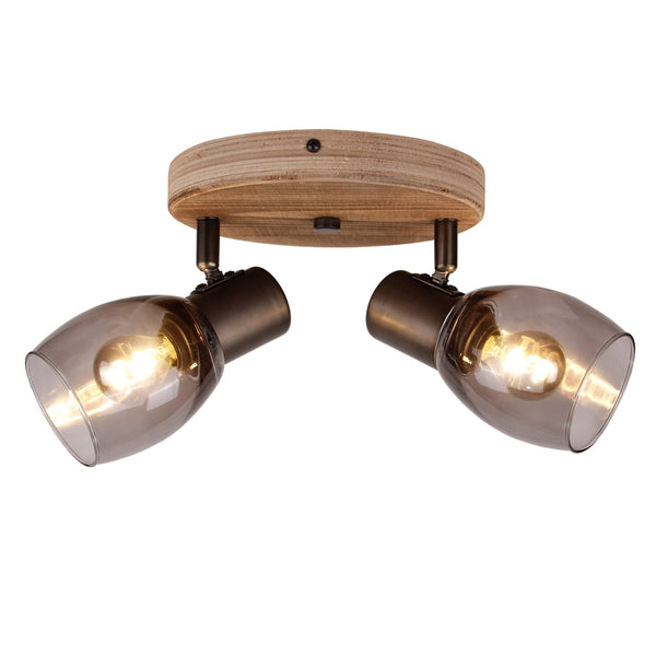 De Chericoni Sylvie Plafondspot (2-lichts) van brons staal met houten voet en getinte glazen kap creëert een warme sfeer. 