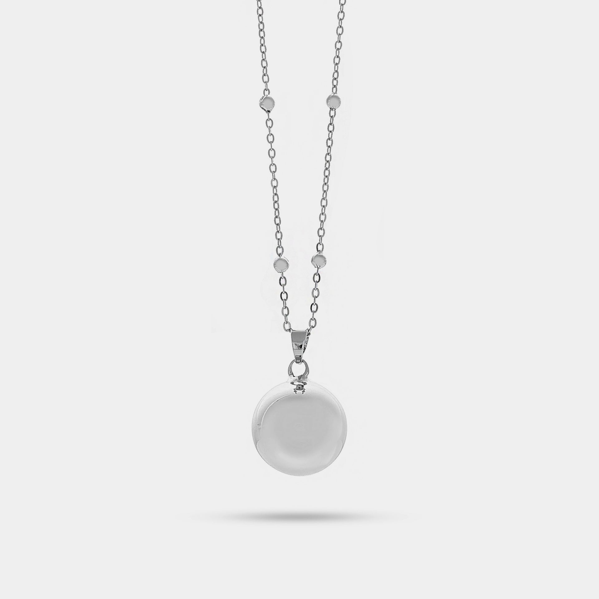 Angel caller necklace in steel 100 cm with mirror polished sphere with rattle 2 cm
