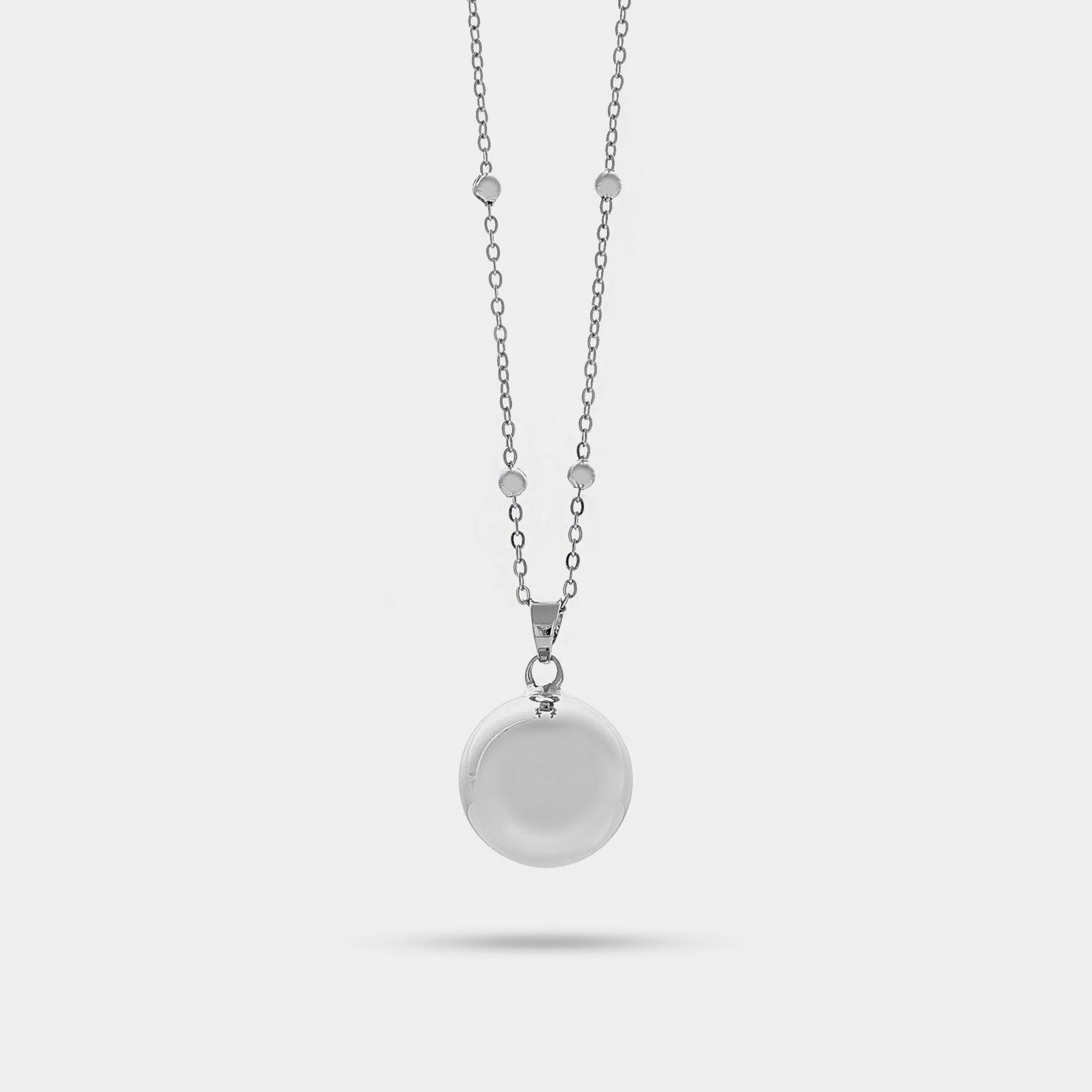 Angel caller necklace in steel 100 cm with mirror polished sphere with rattle 2 cm