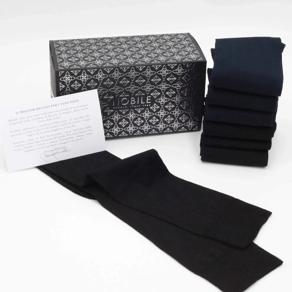 Box Long Chiffon Socks in Cashmere from Hircus Goat - 3x Black/3x Blue