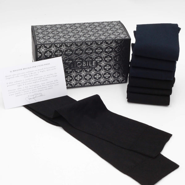 Caja de Medias Largas de Chiffon en Filoscozia® - 6 Pares Mixtos Negros y Azules