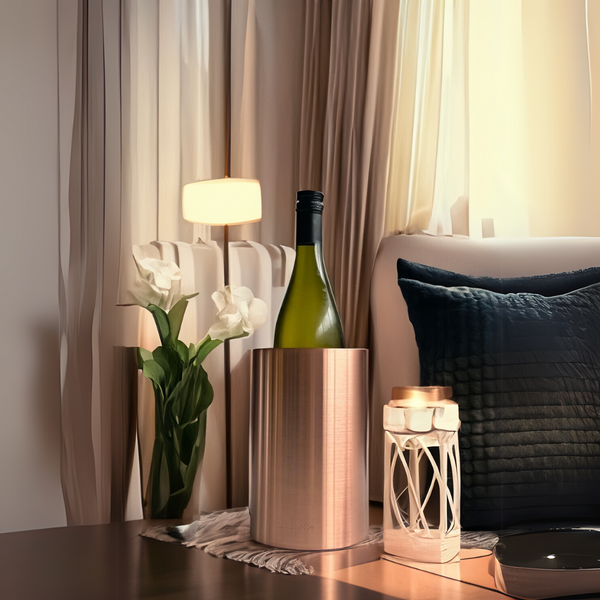 House setting coolenator luxe copper wine cooler with a bottle of wine in it. 