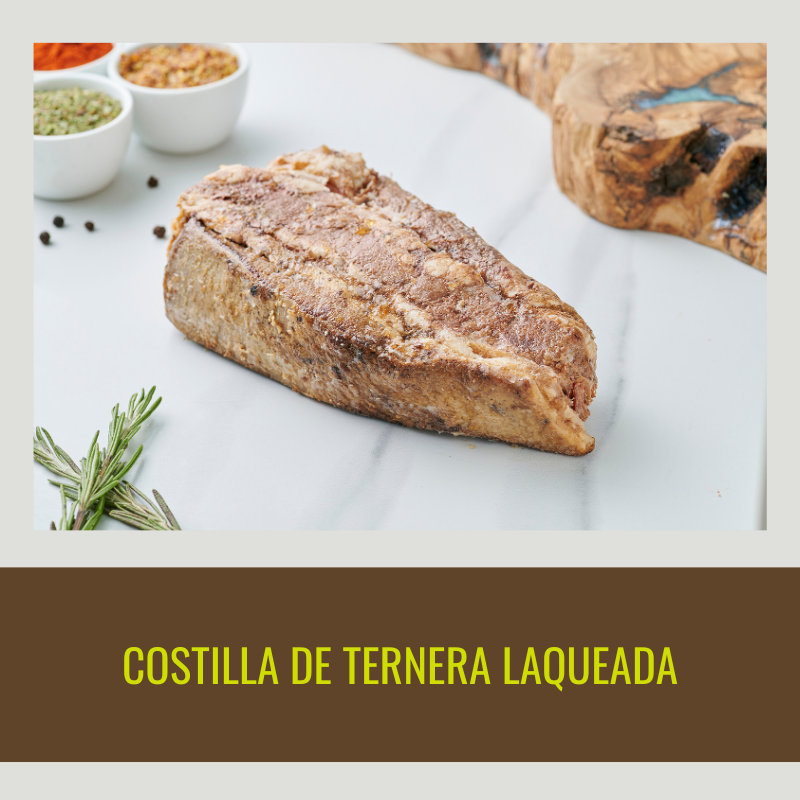 2 Costillas de ternera laqueada de 450g/unidad cocinada a baja temperatura.
