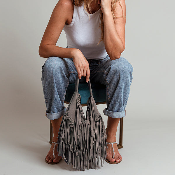 DAKOTA - Taupe Suede Bag with Fringes