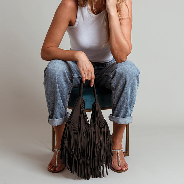 DAKOTA - Suede Bag with Moka Fringes