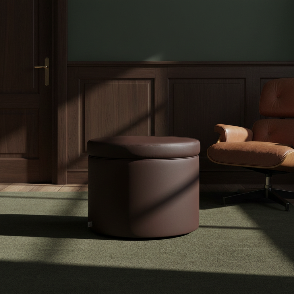 Pouf Contenitore Rotondo in Ecopelle marrone testa di moro