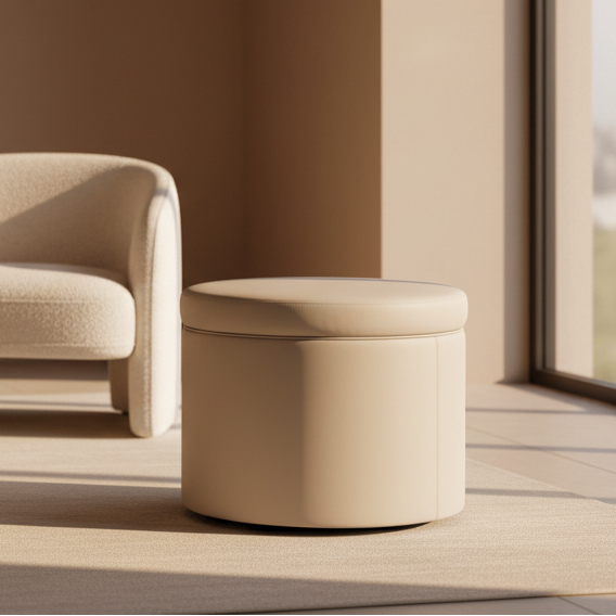 Pouf Contenitore Rotondo in Ecopelle beige