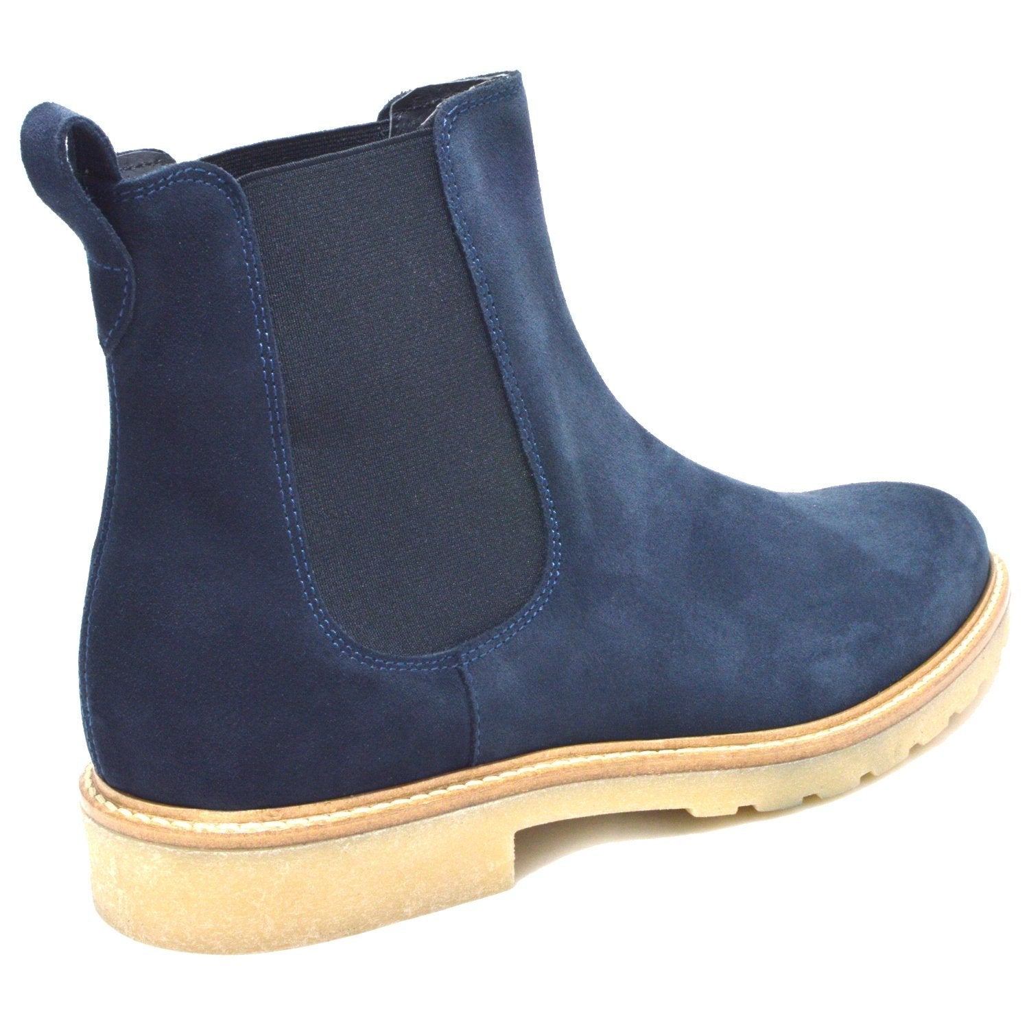 Siena, Italian Navy Suede Chelsea Boots with creme crepe rubber sole.