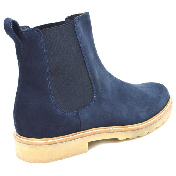 Siena, Italian Navy Suede Chelsea Boots with creme crepe rubber sole.