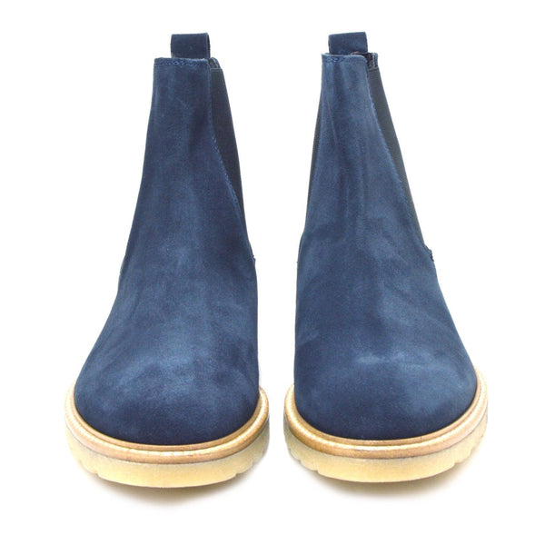 Siena, Italian Navy Suede Chelsea Boots with creme crepe rubber sole.
