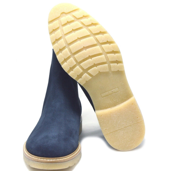 Siena, Italian Navy Suede Chelsea Boots with creme crepe rubber sole.