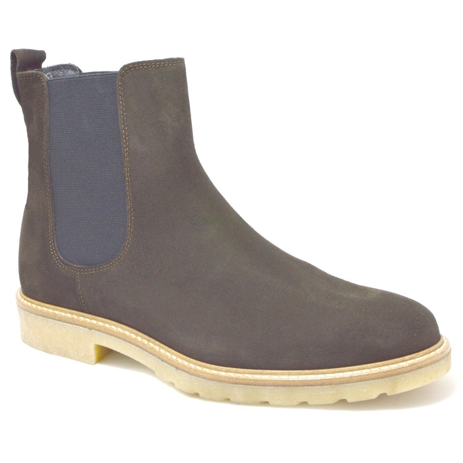 Siena, Italian Brown Suede Chelsea Boots with creme crepe rubber sole.
