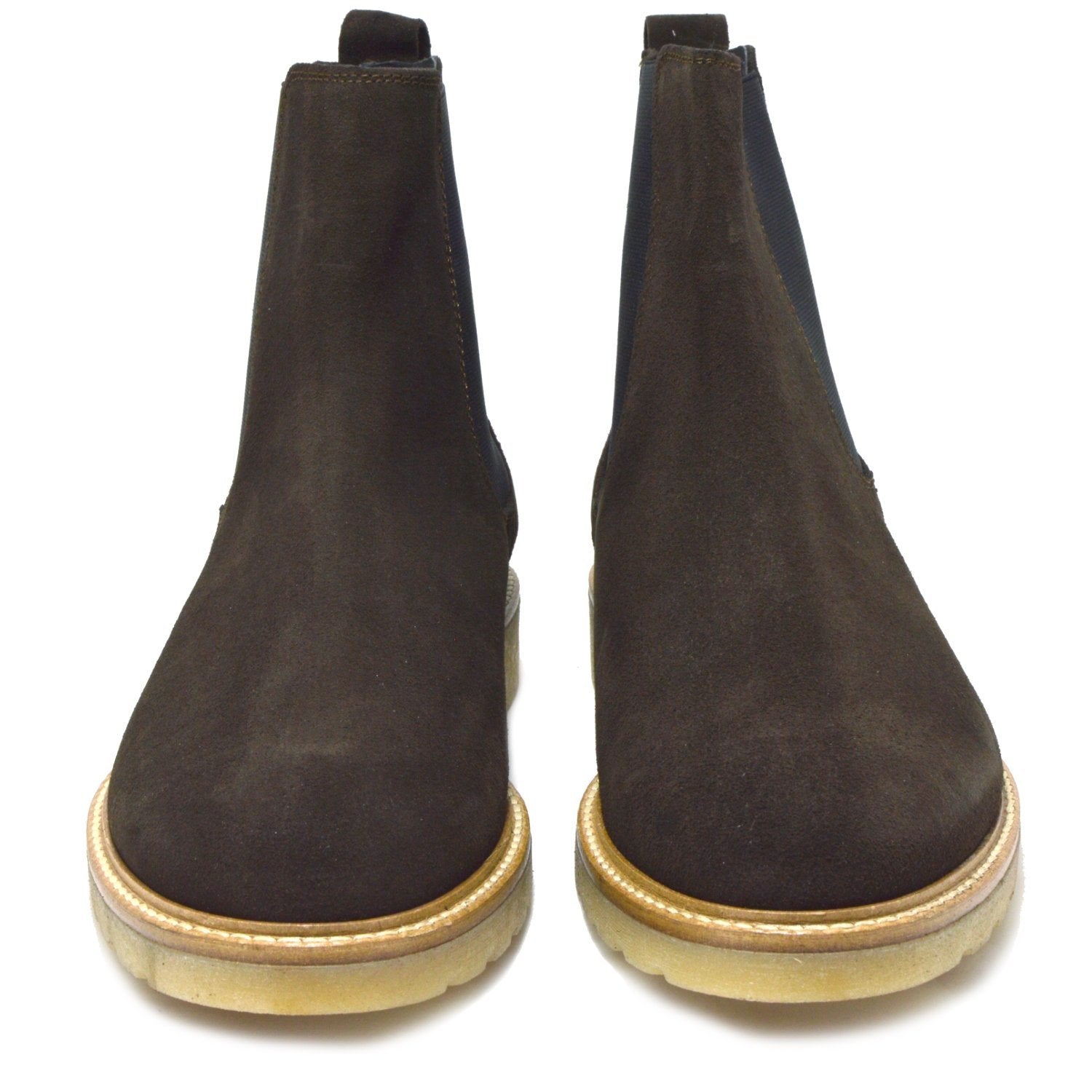 Siena, Italian Brown Suede Chelsea Boots with creme crepe rubber sole.