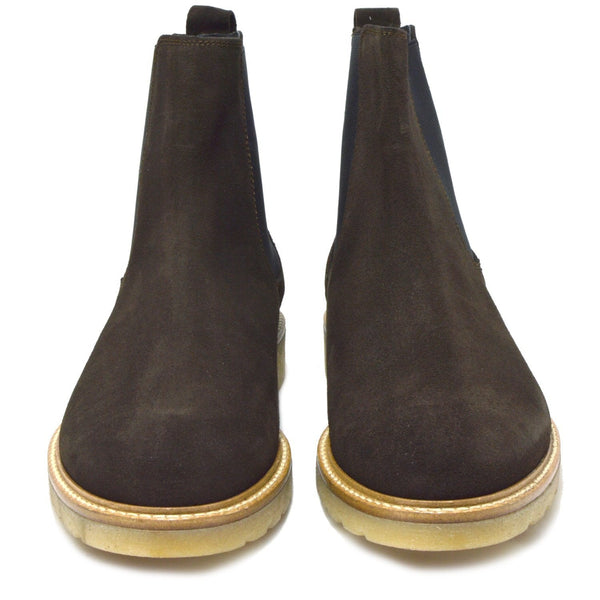Siena, Italian Brown Suede Chelsea Boots with creme crepe rubber sole.