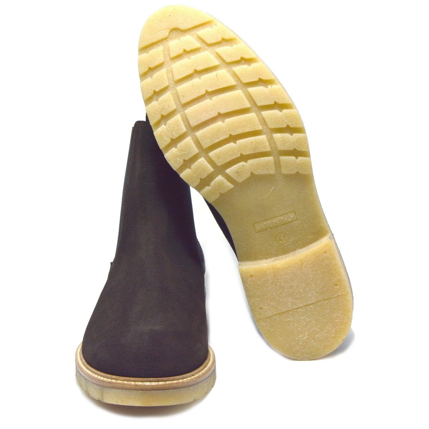 Siena, Italian Brown Suede Chelsea Boots with creme crepe rubber sole.