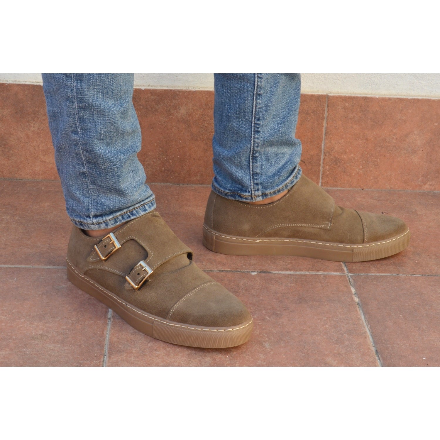 Italian taupe suede double monk straps with taupe rubber sole
