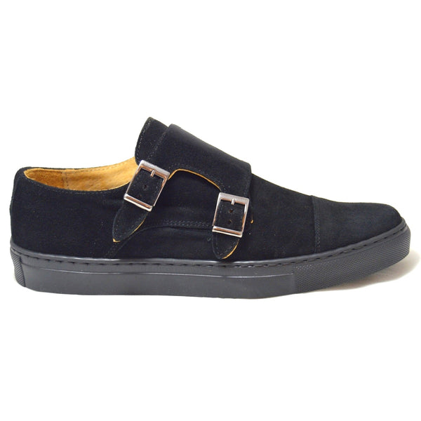 Italian black suede double monk straps with black rubber sole