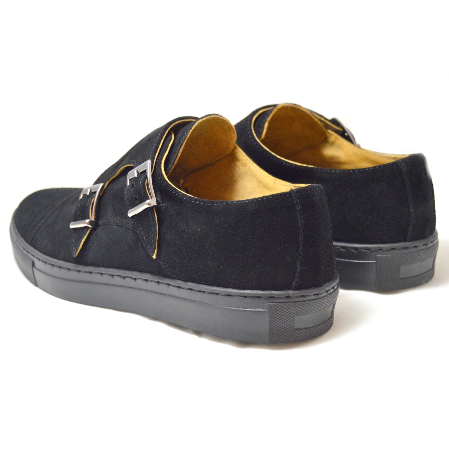 Italian black suede double monk straps with black rubber sole