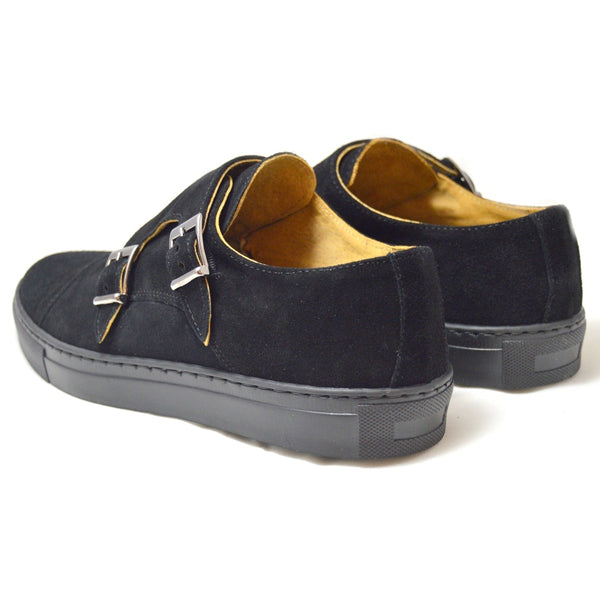 Italian black suede double monk straps with black rubber sole