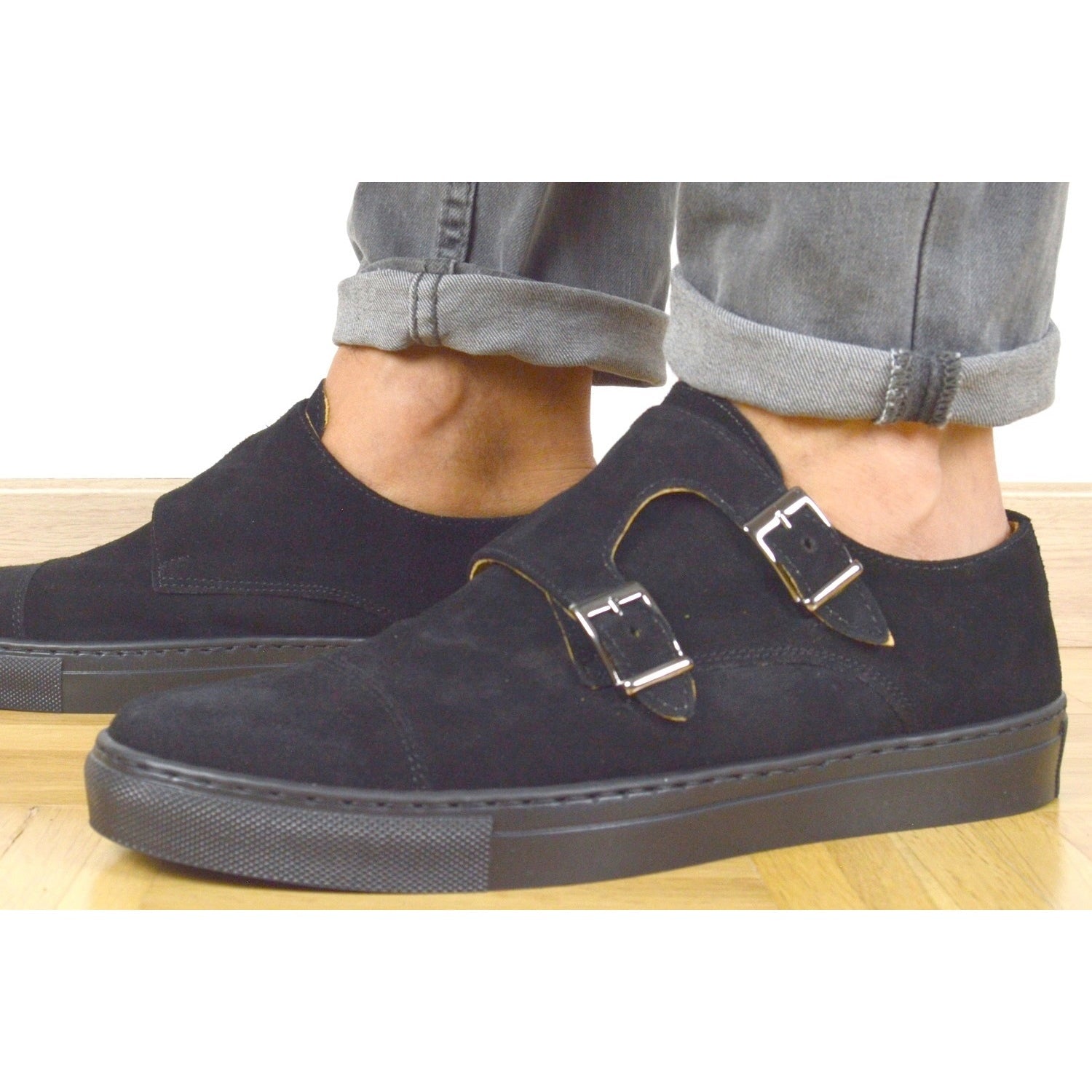 Italian black suede double monk straps with black rubber sole