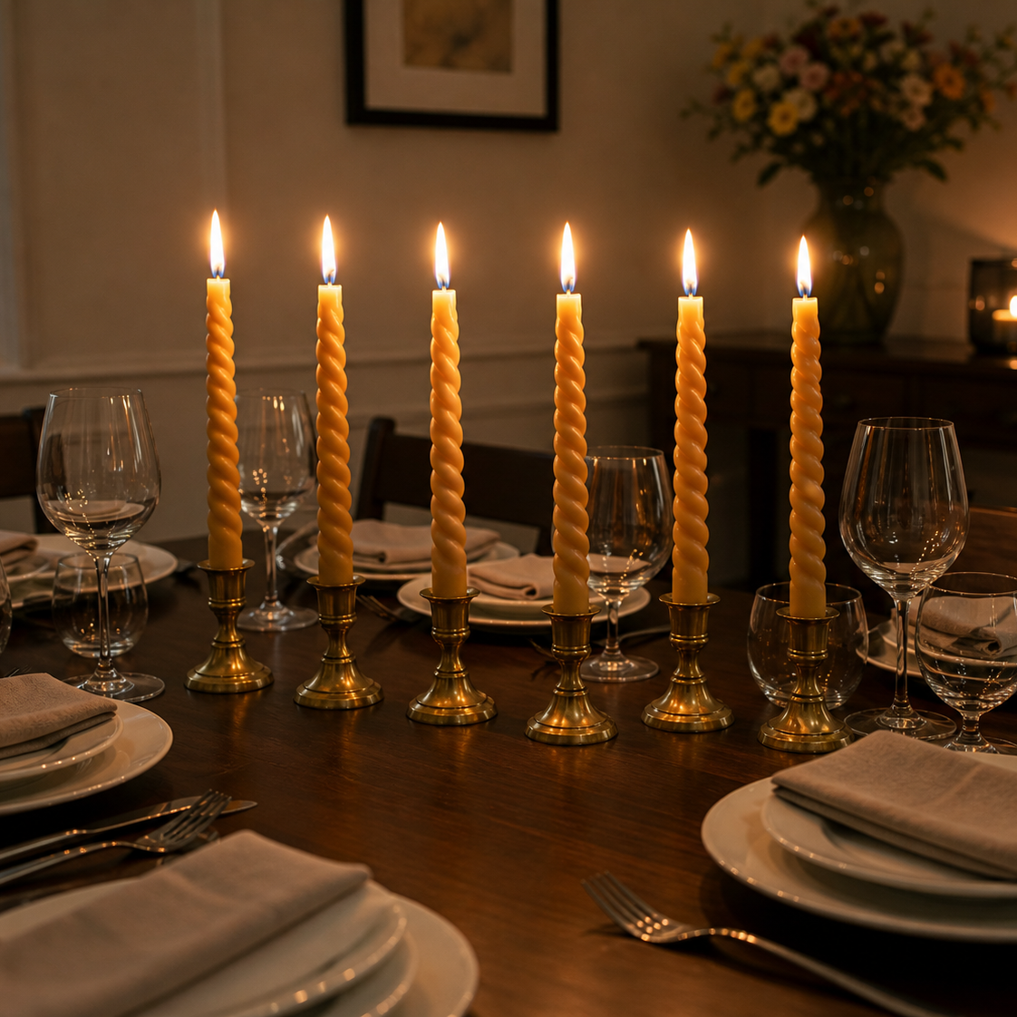 Lit CocoBee beeswax dinner candles at a dinner table