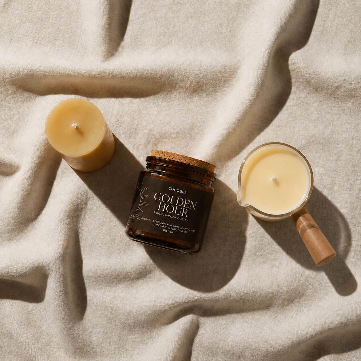 CocoBee Discovery Set with three mini candles and Golden Hour candle