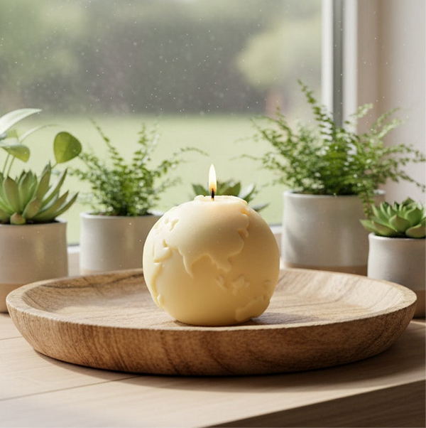 Candle shaped like a globe on a wooden tray with plants in the background