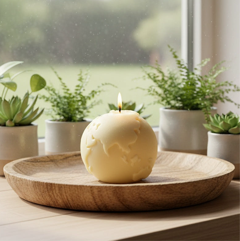 Candle shaped like a globe on a wooden tray with plants in the background