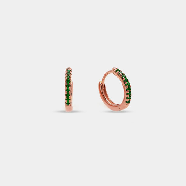 Pendientes de plata en oro rosa con zircones verdes, aro de 13 mm