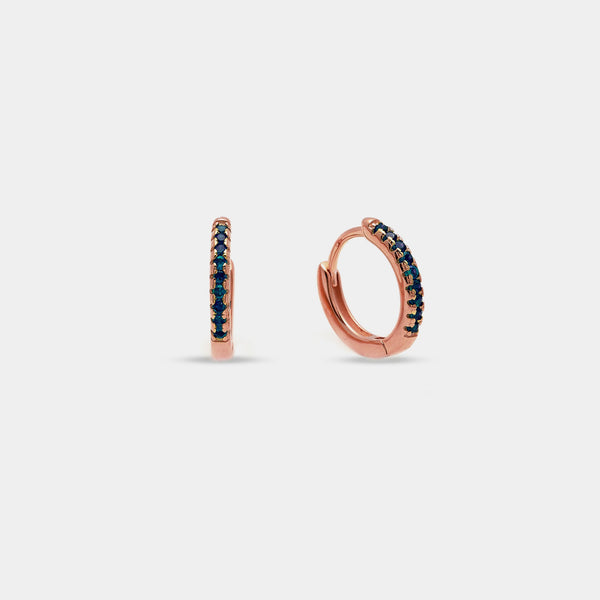Rose gold silver earrings hoop lobe snap with blue zircons mm 13