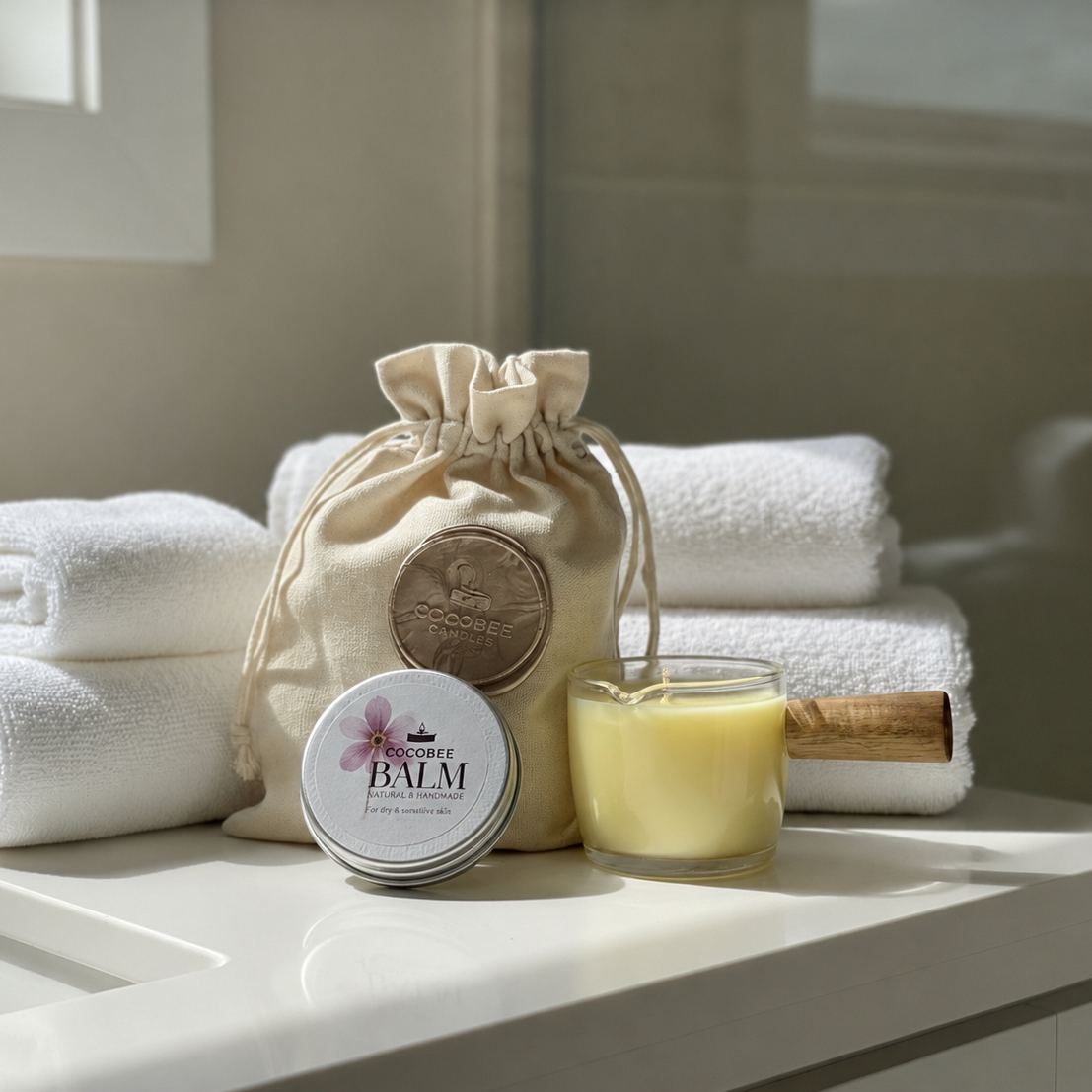 CocoBee Everyday Glow Set with candle, body balm and linen pouch