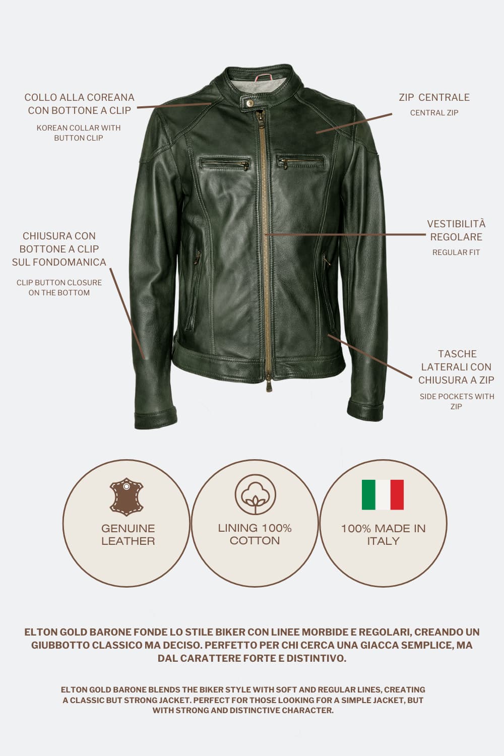 Elton Verde giacca uomo 100% vera pelle Made in Italy - Barone Firenze