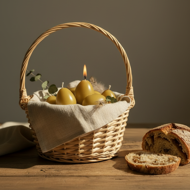 Wicker basket with candles and fruit on a wooden surface, with bread in the foreground.