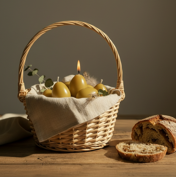 Wicker basket with candles and fruit on a wooden surface, with bread in the foreground.