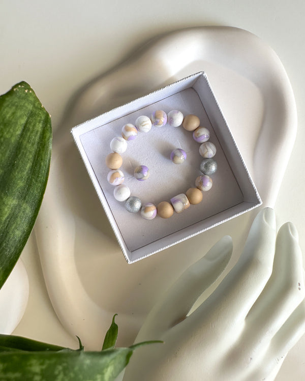 Bracelet, earrings | BULB LIMITED | purple, beige