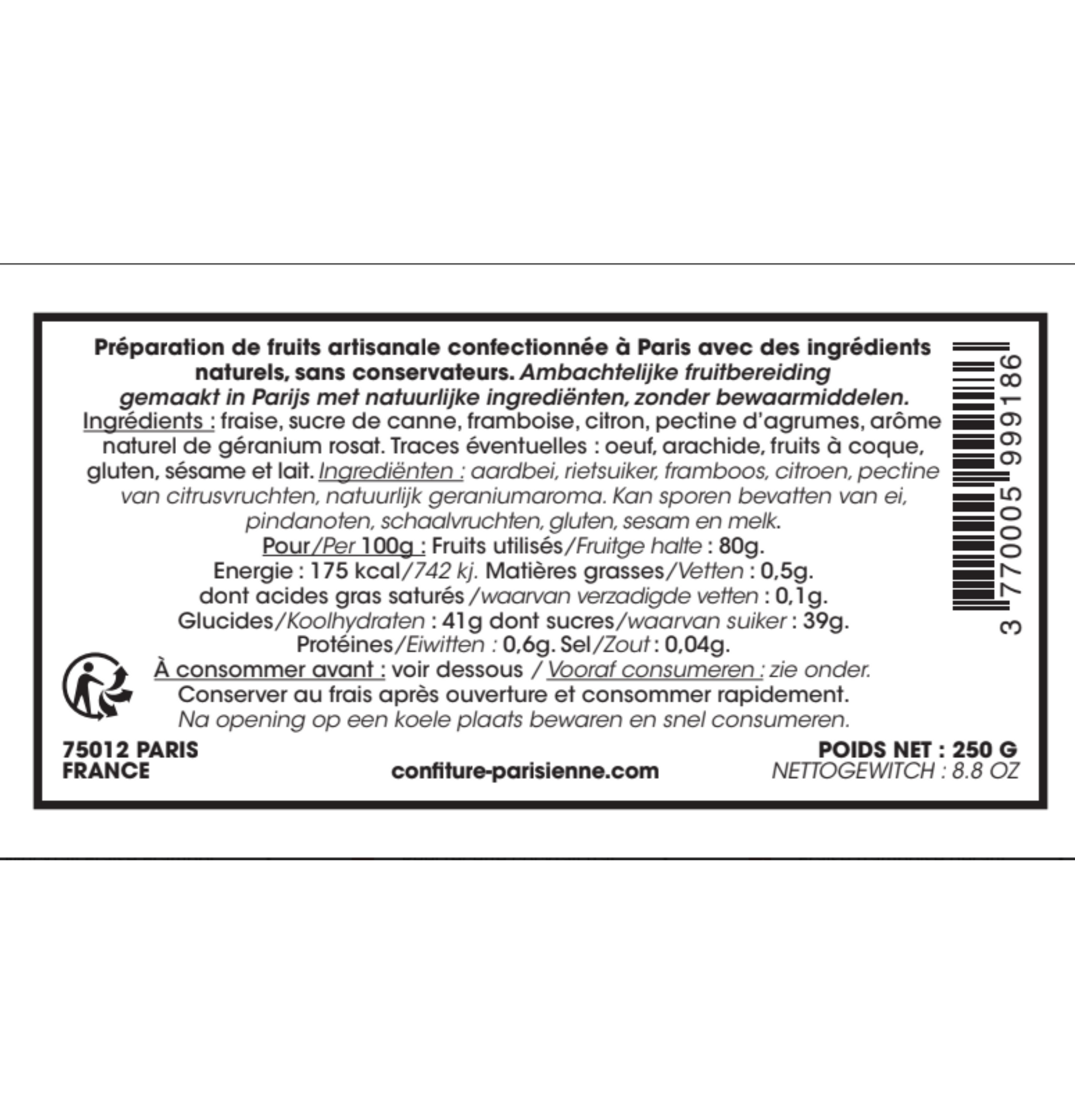 Confiture Parisienne - 250g "Pour ma maman chérie" + Ecrin Fraise Framboise Géranium Rosat DOS