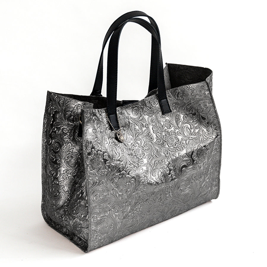 FLOW - Borsa in pelle laminata serigrafata silver