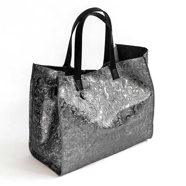 FLOW - Borsa in pelle laminata serigrafata silver