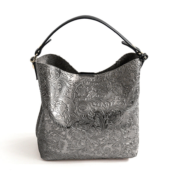 FLOW SAC - sacca in pelle laminata serigrafata silver