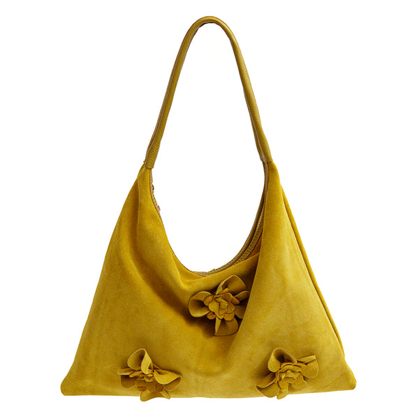 FLOWER - Sacca big con fiori in camoscio limone