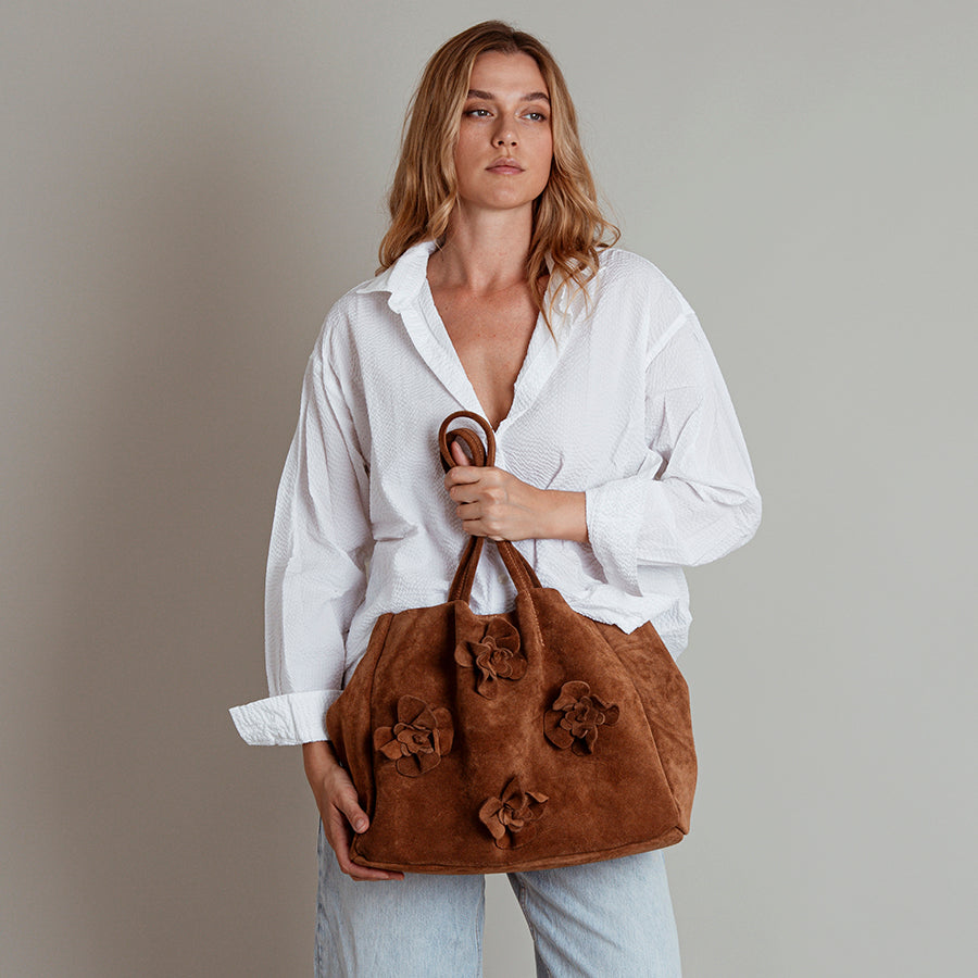 FLOWER - Shopping bag with suede leather flowers